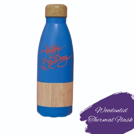 Blue wooden-lid thermal flask