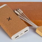POWER BANK WOODEN 002 10000MAH featuring natural bamboo and cork casing with wireless charging capability and multi-connector cable
