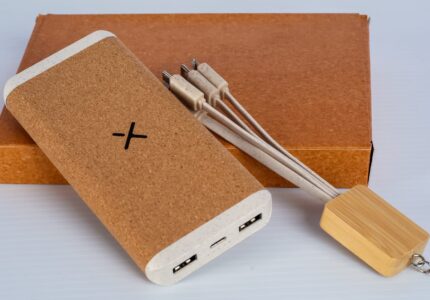 POWER BANK WOODEN 002 10000MAH featuring natural bamboo and cork casing with wireless charging capability and multi-connector cable